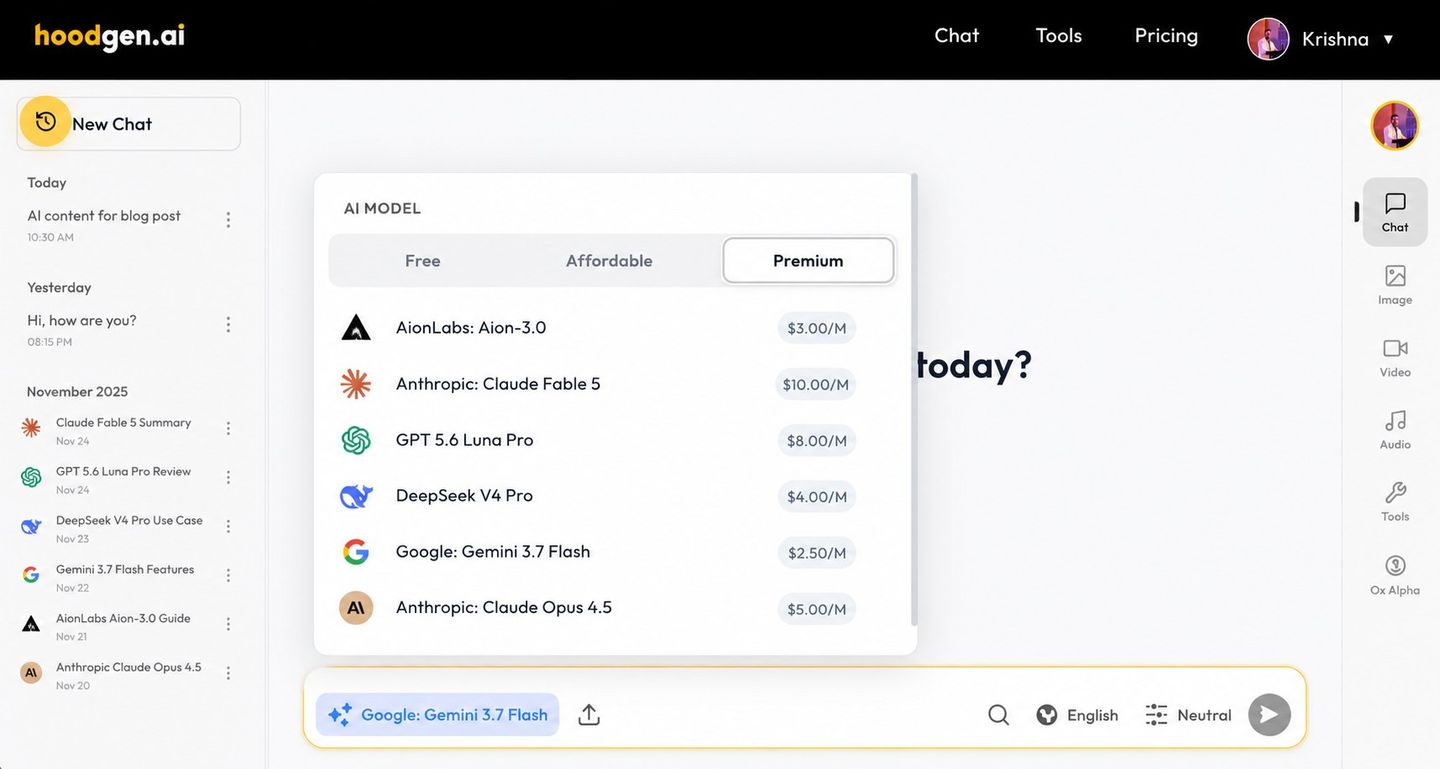 Hoodgen AI multi-model chat with model selection